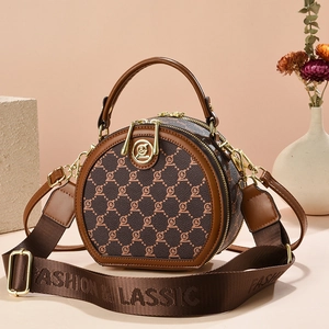 Classic round brown monogram crossbody bag with dual zippers and wide woven strap