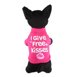 Pink pet dog T-shirt with 'I Give Free Kisses' print shown on a dog model