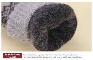 Detail of grey double-layered knit fabric showing thick warm yarn texture and woven cuffs