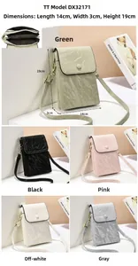 Detailed close-up of textured leather crossbody phone bags in various colors with dimensions