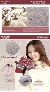 Detail of red and white snowflake knit mittens made of thick premium combed wool