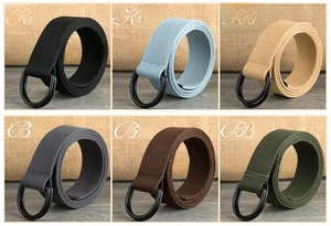 Detail view of canvas belts in six colors featuring durable double D-ring buckle