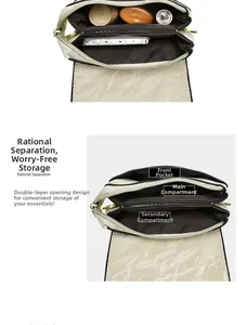 Detail view of cream PU leather crossbody bag with pleated texture and internal pockets