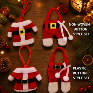 Close-up of Santa suit cutlery holders showing non-woven and plastic button details