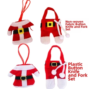 Close-up of Santa suit cutlery holders showing non-woven and plastic button details
