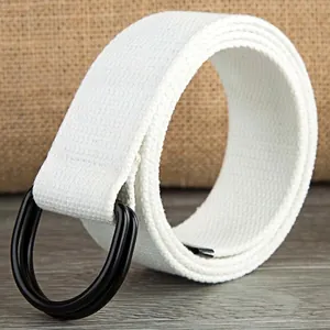 White canvas belt with black metal double D-ring buckle for men and women