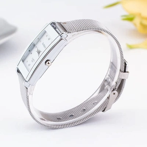 Elegant silver mesh strap watch with rectangular white dial and minimalist quartz movement