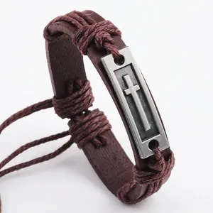 Vintage brown leather wrap bracelet with antique silver cross pendant for men