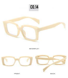 Three views of beige square thick-frame glasses showing hinges and temple curves