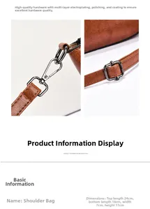 Detail view of brown PU shoulder bag featuring gunmetal hardware and strap hook