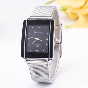 Sleek rectangular silver mesh strap watch with a minimalist black dial and quartz movement