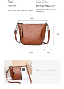 Detailed size specifications of the brown PU leather crossbody bag showing dimensions