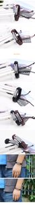 Detail of woven leather bracelet featuring an engraved metal cross charm and adjustable cord