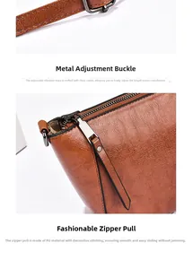 Close-up of brown PU leather bag featuring retro texture and adjustable silver hardware