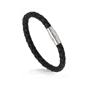 Detailed view of black braided leather bracelet with silver magnetic metal clasp