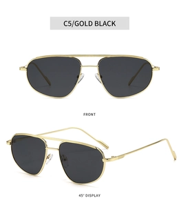 Detailed front and side views of gold metal aviator sunglasses with classic double bridge
