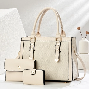Ensemble de sacs à main beige 3 pièces en similicuir avec texture tissée et détails dorés