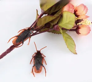 Detailed view of two realistic plastic cockroaches with lifelike textures and antennas