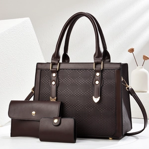 Ensemble de 3 sacs à main en cuir PU marron avec texture tressée et garniture dorée femme