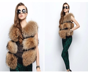 Detailed views of a brown raccoon fur vest with segmented patchwork and sleeveless design