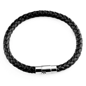 Bracelet tressé de 21cm en cuir noir avec fermoir magnétique en métal argenté pour hommes et femmes
