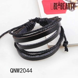 Handmade multilayer wave cowhide leather wrap bracelet with black woven rope in retro style