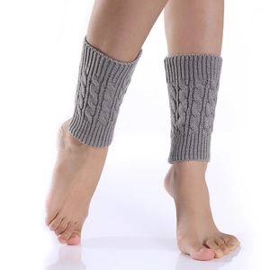 Grey cable knit leg warmers for women featuring a stylish twisted braid texture design