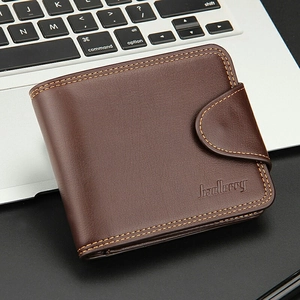 Short Bifold Wallet PU Leather Button Buckle Card Slots Photo Window Business Casual Men Fashionable Pocket Purse