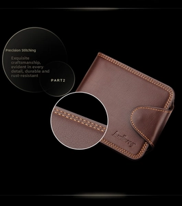 Close-up of premium brown leather wallet featuring orange contrast stitching and embossed logo