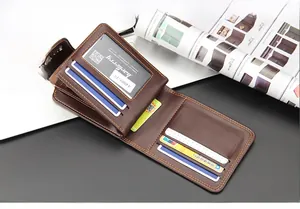 Detailed view of dark brown leather business wallet featuring multiple card slots and stitching