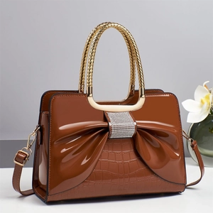 Women Handbag PU Patent Leather Large Bow Rhinestone Crocodile Texture Gold Metal Handle Elegant Crossbody Tote Bag