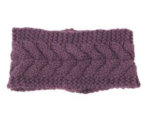 Detail view of the thick purple knitted headband featuring a warm twist weave texture