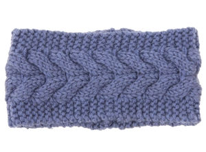 Detailed close-up of thick greyish-purple knit headband with classic cable stitch texture