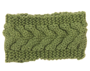 Close-up of thick cable knit texture on a grass green winter ear warmer headband