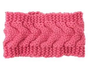 Close-up of thick cable knit winter headband in dark pink with detailed texture