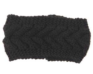 Close-up of thick black knitted headband featuring a warm chunky cable knit pattern