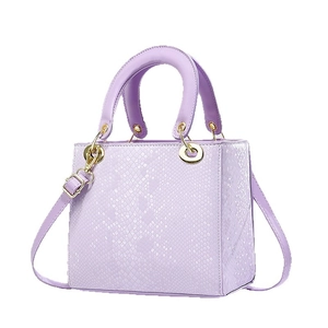 Lavender faux snakeskin tote bag with gold round hardware and detachable shoulder strap