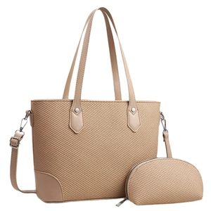 Beige geweven grote tote bag en bijpassende pouch set met verstelbare schouderbanden