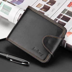 Classic black leather bi-fold men's wallet with orange contrast stitching and button closure