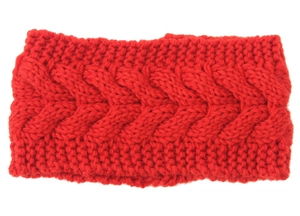 Detailed view of the red chunky cable knit pattern on this warm winter headband