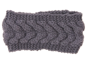 Detail of grey cable knit winter headband showing thick warm wool texture and pattern