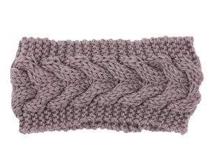 Detailed view of grey cable knit winter headband with thick textured knit pattern