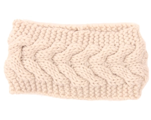 Detailed close-up of cream knit ear-warmer headband with thick cable knit pattern