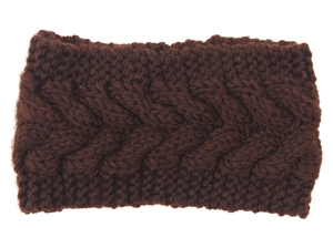 Detailed knit texture and cable pattern of this thick dark brown winter headband
