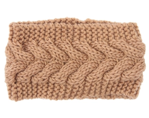 Detail of khaki cable knit headband showing thick textured wool material and braided pattern