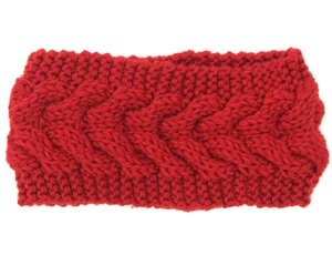 Detailed close-up of a red chunky cable knit ear warmer headband with braided texture