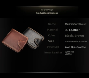 Detailed view of short PU leather wallets in black and brown with card slots
