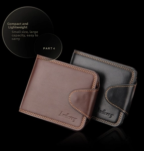 Detail of Baellerry bifold wallets in black and brown leather with yellow stitching