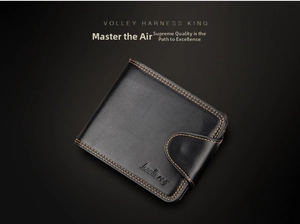 Detailed macro view of black leather men's wallet with premium yellow contrast stitching