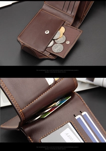 Detail of dark brown leather wallet showing coin pocket with snap and card slots